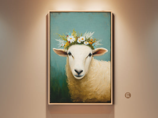 This is a captivating farmhouse sheep art print. The cream yellow and teal floral crown adds charm. Perfect animal lover gift or bedroom decor. The impressionistic artwork will enhance your wall hangings.