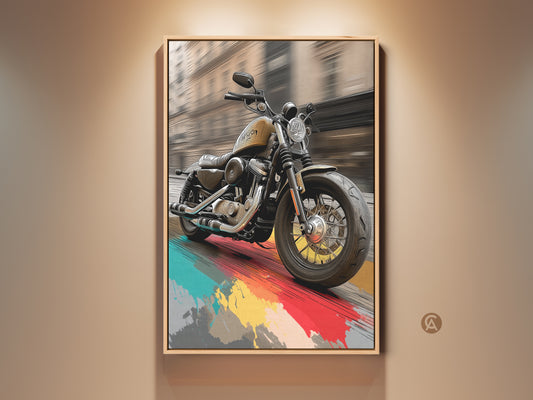 Motorcycle digital artwork framed canvas art print. This industrial man cave decor features a motorcycle on an urban street with abstract red teal and yellow color splashes. Cool wall art for men and motorcycle enthusiasts.