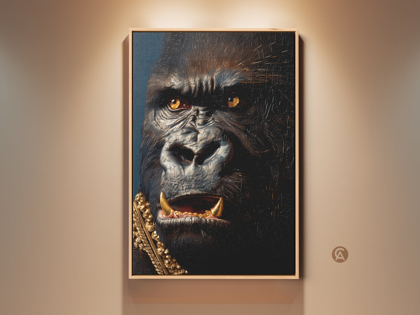 Framed gorilla portrait on display. The artwork features a regal gorilla with striking golden eyes. It has a gold chain around its neck. The art is displayed in a warm light setting. This piece adds character to any room. Buy this unique artwork today.