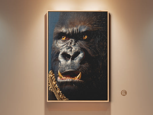 Framed gorilla portrait on display. The artwork features a regal gorilla with striking golden eyes. It has a gold chain around its neck. The art is displayed in a warm light setting. This piece adds character to any room. Buy this unique artwork today.