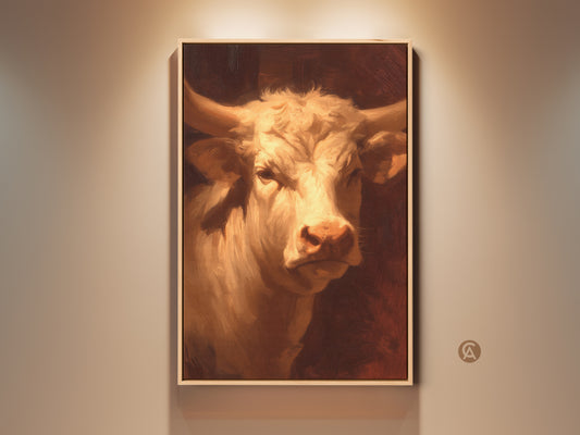 A stunning oil painting of a white bull. The artwork captures the animal's strength and gentle nature. The bull's head is centered with a dark background. This unique artwork will add character to any room. Buy today!