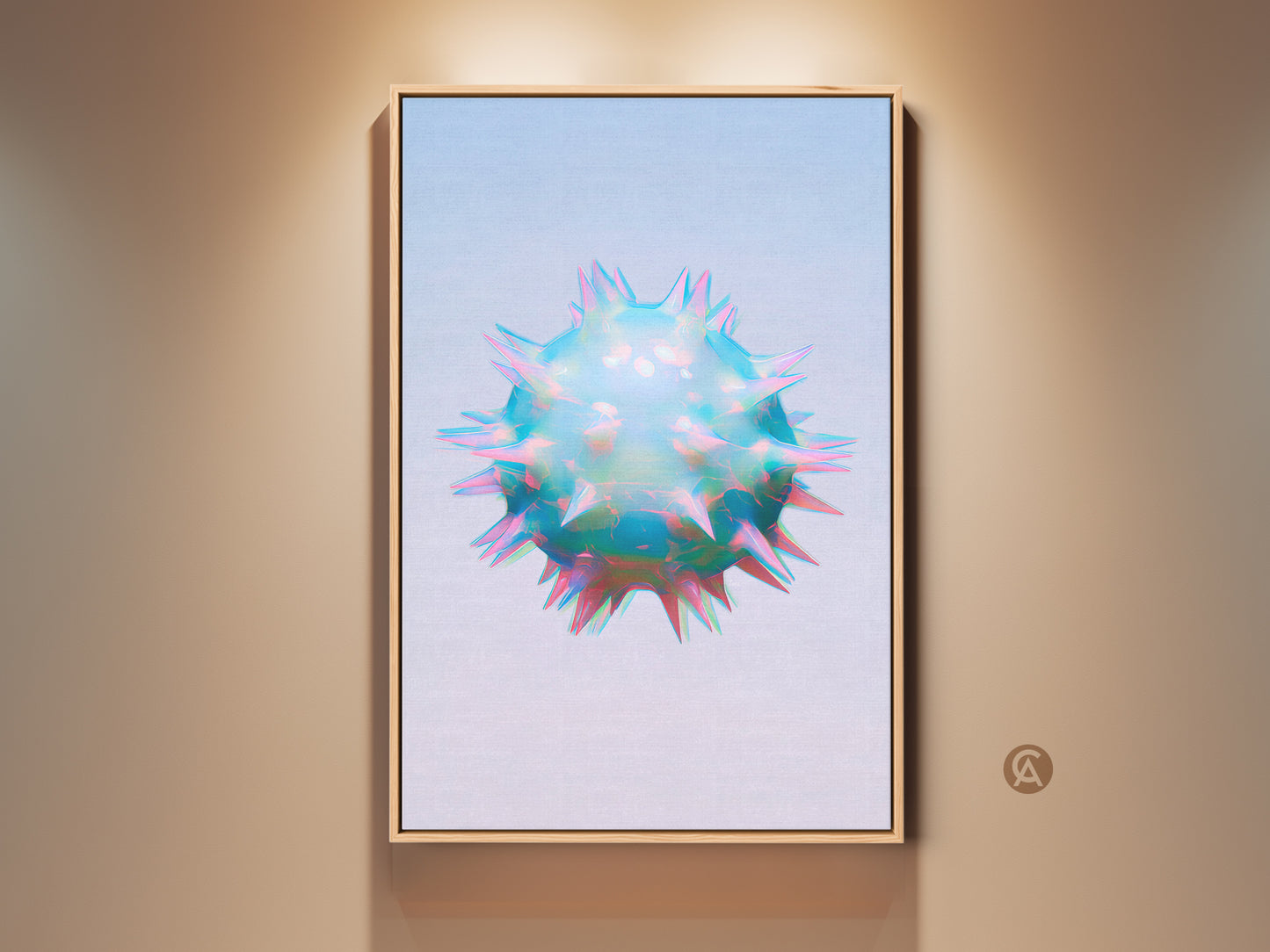 Framed holographic abstract cell art print on a beige wall. This sci-fi geometric wall art features iridescent teal blue and pink colors. Perfect contemporary abstract art for office decor.