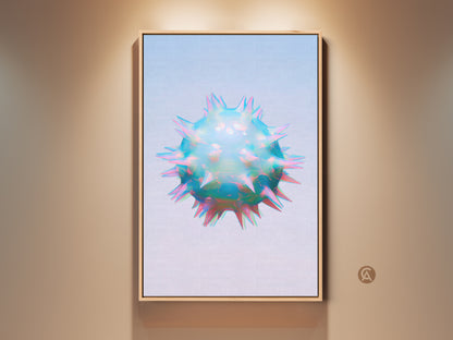 Framed holographic abstract cell art print on a beige wall. This sci-fi geometric wall art features iridescent teal blue and pink colors. Perfect contemporary abstract art for office decor.