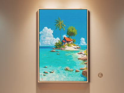 Framed canvas art showcasing a tropical island scene with a house palm tree and turquoise water. The artwork is displayed on a neutral wall creating a visually appealing contrast. This framed canvas print brings a sense of paradise to any room. Perfect coastal wall art.