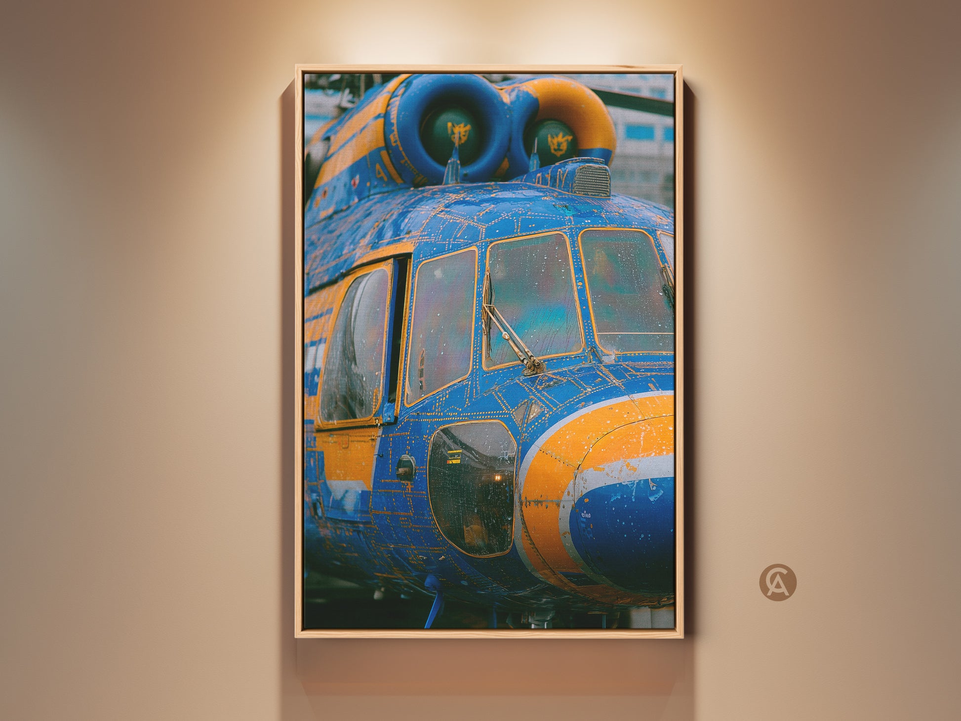 Framed helicopter artwork displayed on a beige wall. The blue and yellow aircraft is shown in great detail. This museum-quality art print will add color to any room. The frame is a light wood color.