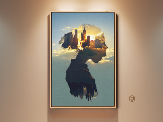 Framed double exposure cityscape wall art. The surreal female profile blends with a golden hour city skyline. This contemporary artwork adds a unique touch to living room decor in orange and blue tones. It is a perfect art print gift for city dwellers new homeowners.