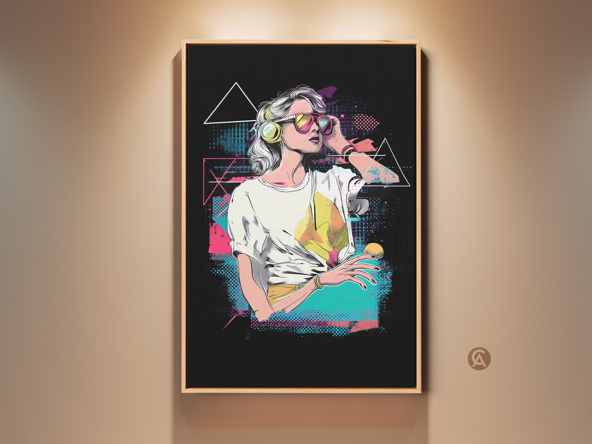 Vaporwave woman art print in a frame. The retro pop art canvas features a woman with headphones. This eclectic pink yellow and teal decor is a music lover's gift idea. A perfect wall art for 80s and 90s nostalgia.