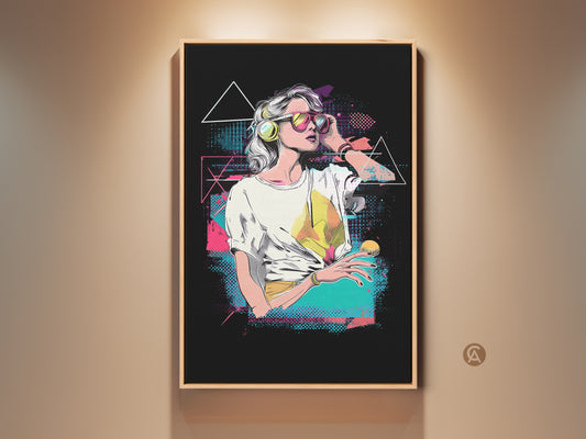 Vaporwave woman art print in a frame. The retro pop art canvas features a woman with headphones. This eclectic pink yellow and teal decor is a music lover's gift idea. A perfect wall art for 80s and 90s nostalgia.