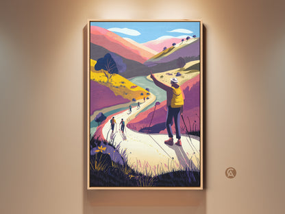 Modern folk art print featuring hikers in a vibrant mountain landscape. Boho wall art with yellow accents. The canvas shows adventure travel decor perfect for living rooms. This colorful scenic artwork is a housewarming gift for outdoor lovers. Stylized nature painting with a unique aesthetic.