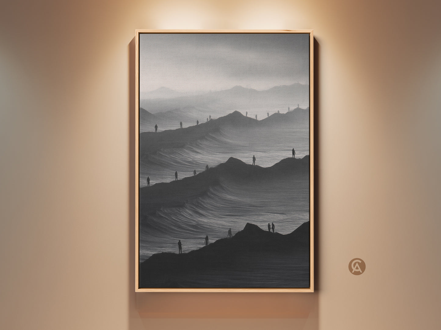 Framed minimalist mountain waves art. The surreal black and white canvas print features a monochrome people landscape. This contemporary artwork enhances home or office decor. The floating frame adds elegance. Ready to hang for instant impact