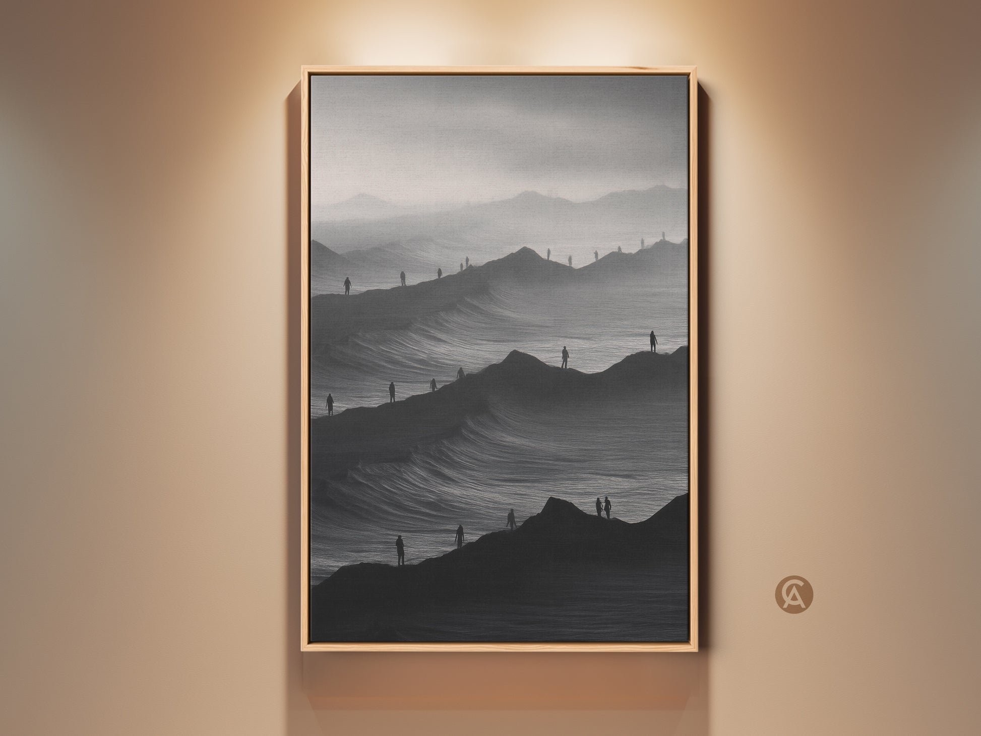 Framed minimalist mountain waves art. The surreal black and white canvas print features a monochrome people landscape. This contemporary artwork enhances home or office decor. The floating frame adds elegance. Ready to hang for instant impact