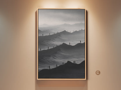 Framed minimalist mountain waves art. The surreal black and white canvas print features a monochrome people landscape. This contemporary artwork enhances home or office decor. The floating frame adds elegance. Ready to hang for instant impact