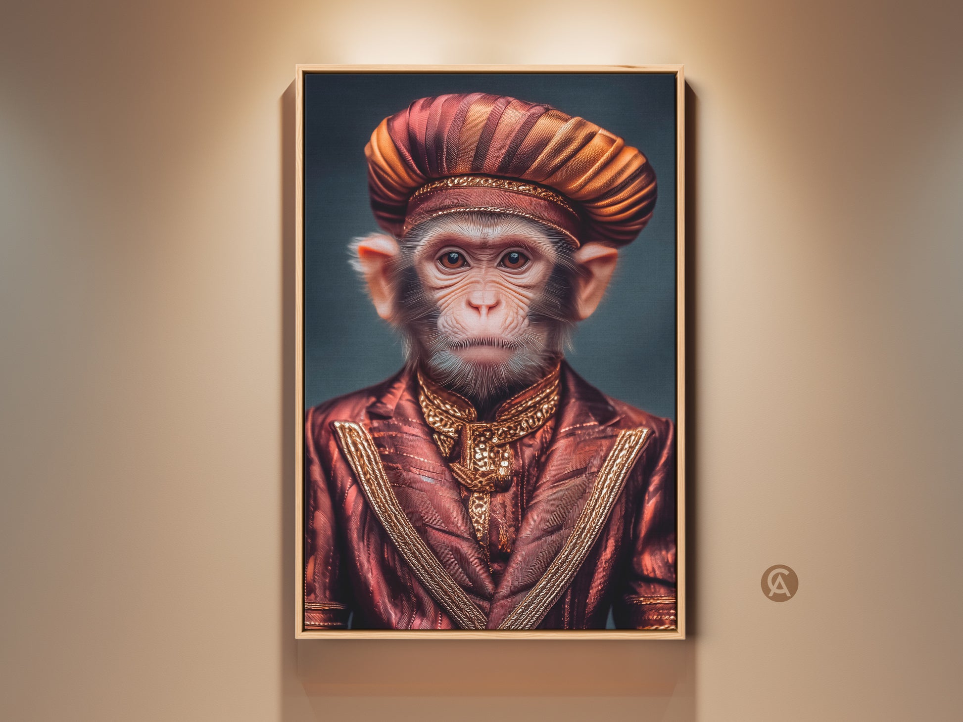 Gallery shot of a Regal Monkey art print. The surreal artwork features a monkey in an ornate red and gold suit. It is framed and hung on a beige wall. This unique fine art print is captivating eclectic wall decor for a study or office. It is an ideal gift for animal lovers.