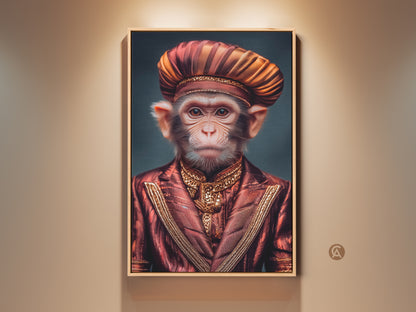 Gallery shot of a Regal Monkey art print. The surreal artwork features a monkey in an ornate red and gold suit. It is framed and hung on a beige wall. This unique fine art print is captivating eclectic wall decor for a study or office. It is an ideal gift for animal lovers.