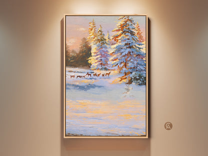 A rustic winter landscape canvas artwork. It features a deer herd among snow covered pine trees. The impressionist nature print uses blues whites and orange tones. This wildlife art creates a cozy cabin or residential wall decor piece.