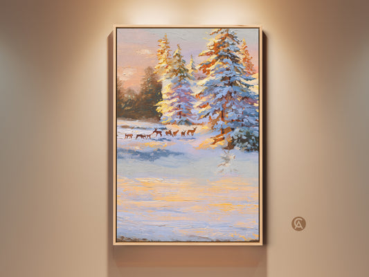 A rustic winter landscape canvas artwork. It features a deer herd among snow covered pine trees. The impressionist nature print uses blues whites and orange tones. This wildlife art creates a cozy cabin or residential wall decor piece.
