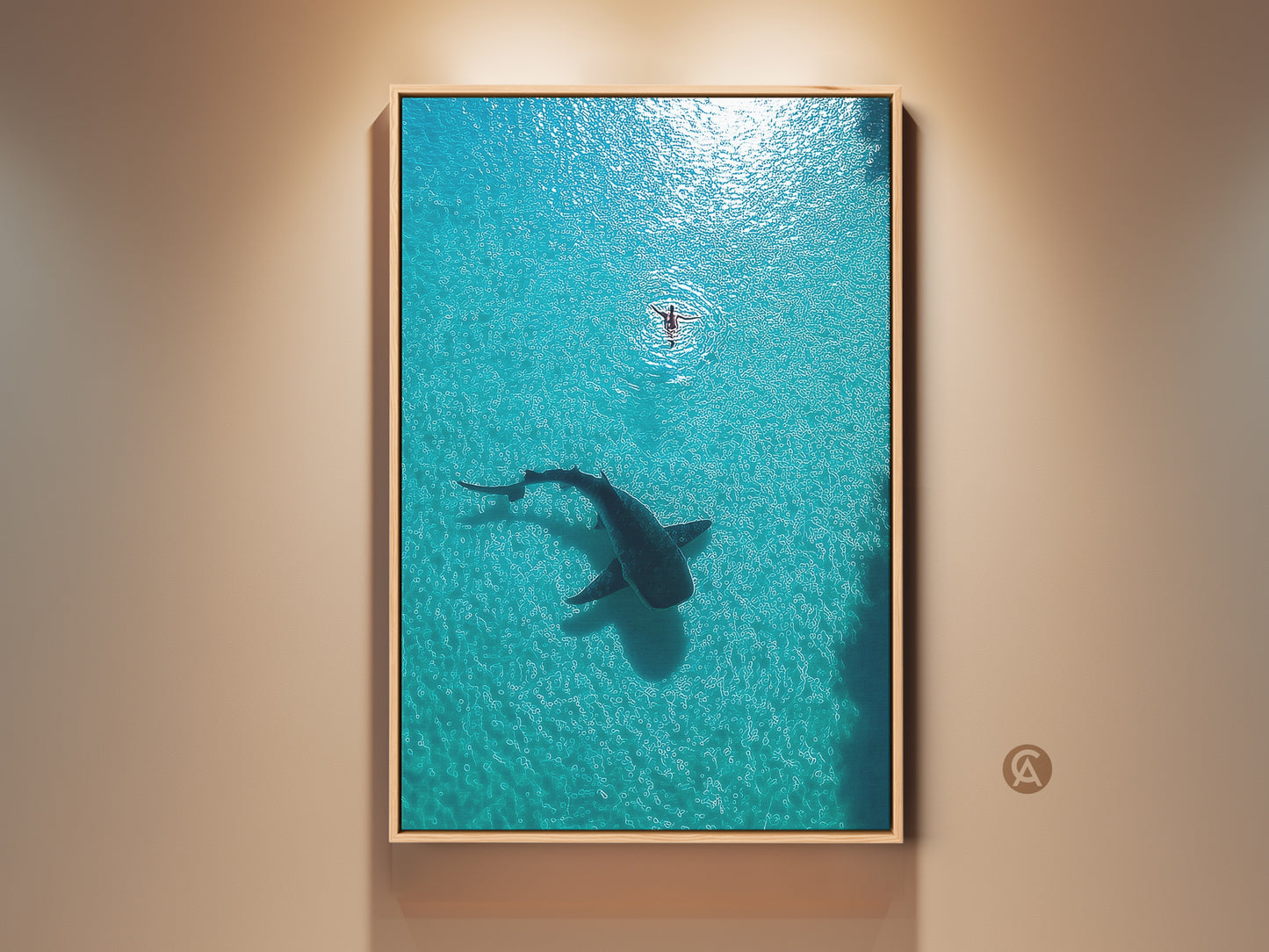 Coastal Ocean Wall Art featuring an aerial view of a whale shark and a swimmer in turquoise water. This wildlife canvas print captures the serene beauty of marine life. It makes a unique coastal artwork piece and a perfect housewarming ocean gift.