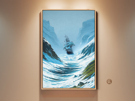 A framed canvas print showcases a vintage sailing ship navigating icy waters. The artwork features traditional study decor. It is a perfect housewarming gift for history buffs. The deep blue ocean and sky blue mountains contrast with the ship's dark silhouette.