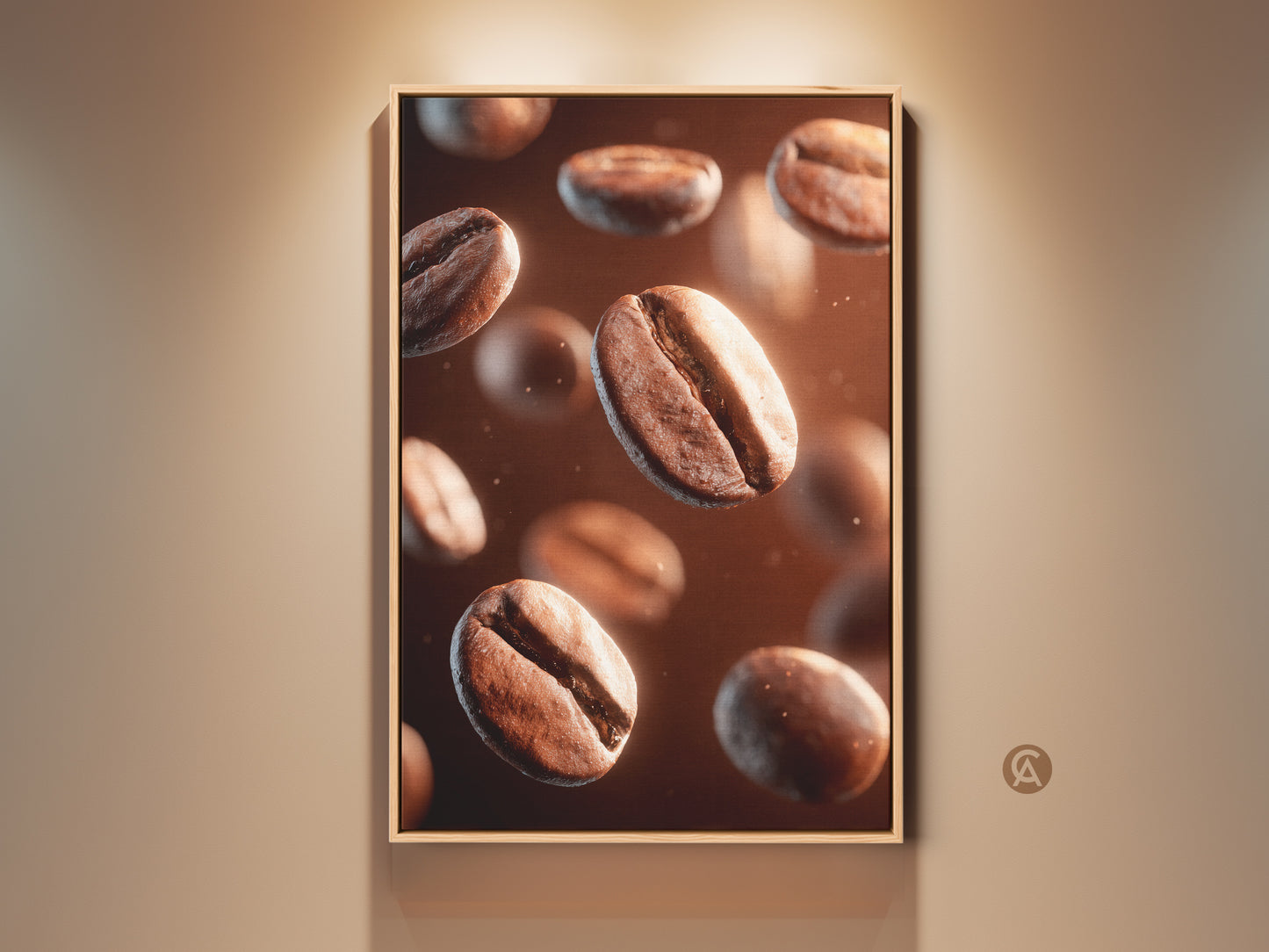 Framed coffee bean art print. Close-up of coffee beans in mid-air. The artwork is displayed in a wooden frame. It adds warmth and sophistication to any room. Perfect for coffee lovers.