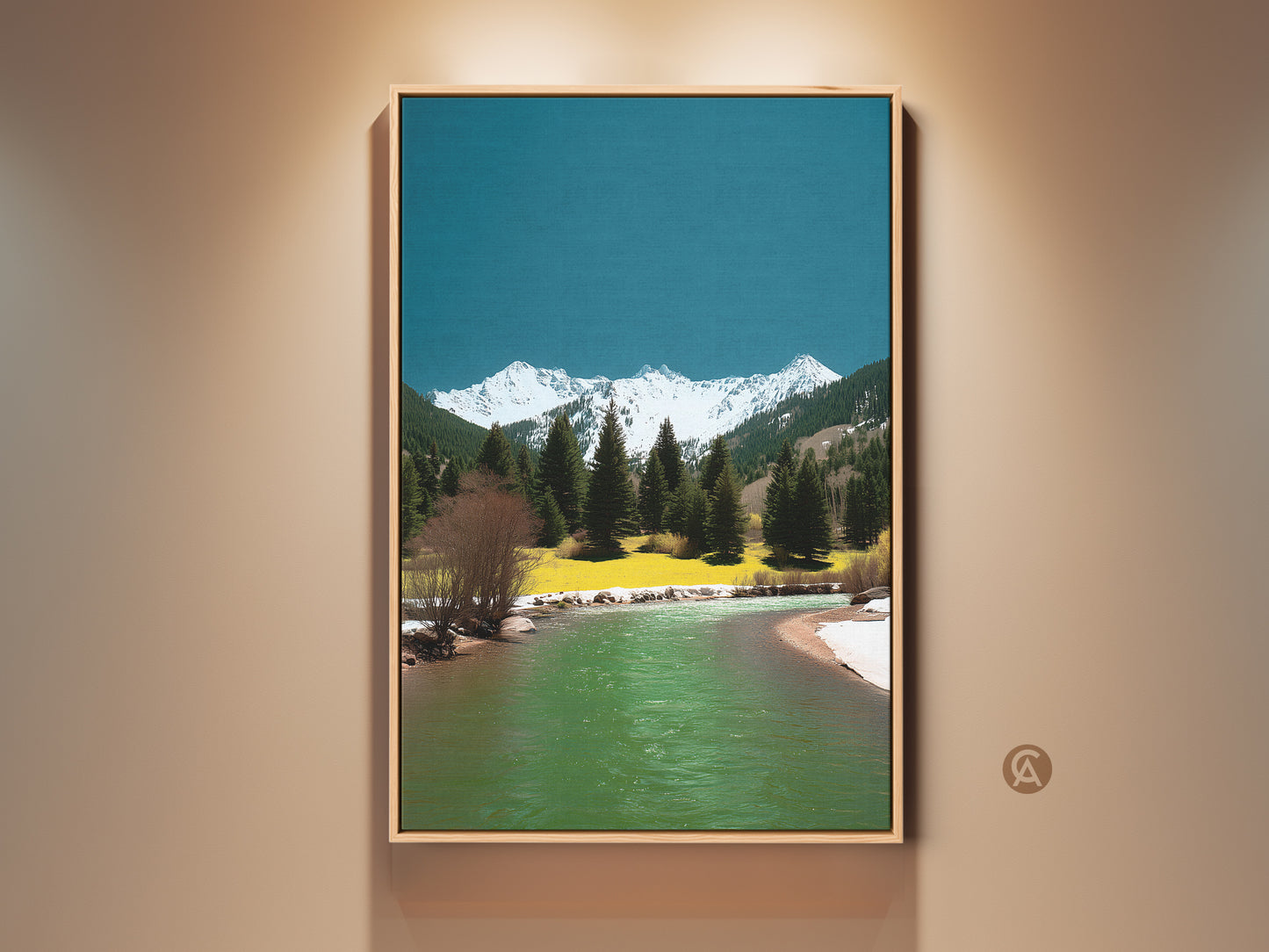 Mountain River Canvas Art. This framed artwork captures a serene alpine scene with pine trees and snowy peaks. Teal-green water flows in the river. Perfect nature inspired wall decor for modern farmhouse style. A thoughtful gift for hikers and outdoor enthusiasts.