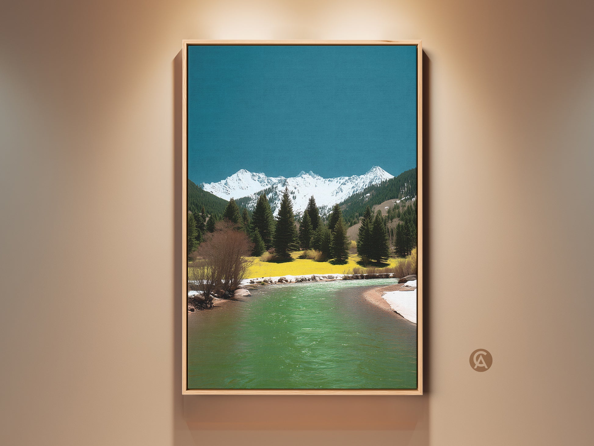 Mountain River Canvas Art. This framed artwork captures a serene alpine scene with pine trees and snowy peaks. Teal-green water flows in the river. Perfect nature inspired wall decor for modern farmhouse style. A thoughtful gift for hikers and outdoor enthusiasts.