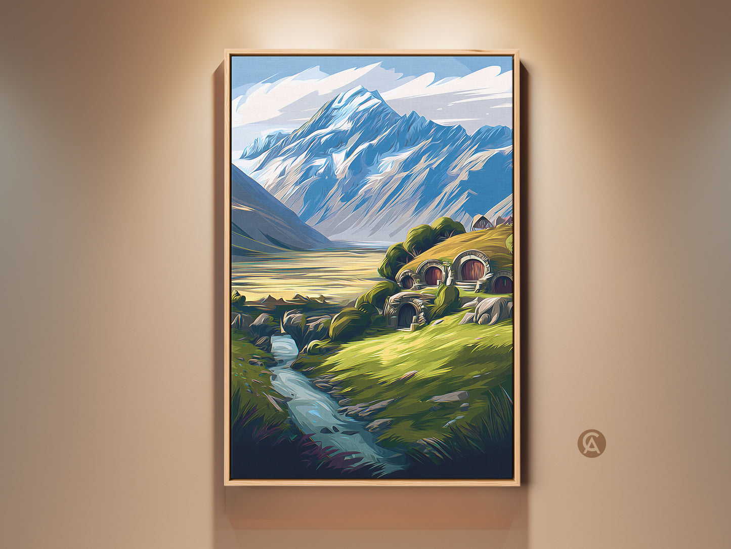 Framed fantasy landscape art print featuring a cozy hobbit hole home. This eclectic wall decor shows a mountain and river. This nature lovers gift has blue yellow and green tones.