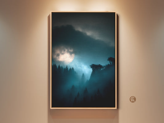 Framed deep blue moonlit forest canvas print. This misty night landscape wall art brings an atmospheric forest scene to any room. Perfect bedroom decor for moon forest lovers. A modern blue teal nature artwork adds calming vibes. Makes a unique housewarming gift.