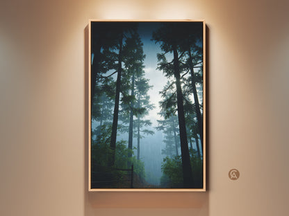 Rustic pine forest artwork in a wood frame. This misty blue landscape canvas adds nature wall decor to a bedroom. A housewarming gift for nature lovers with deep green colors.
