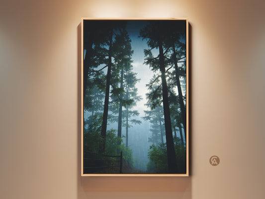 Rustic pine forest artwork in a wood frame. This misty blue landscape canvas adds nature wall decor to a bedroom. A housewarming gift for nature lovers with deep green colors.