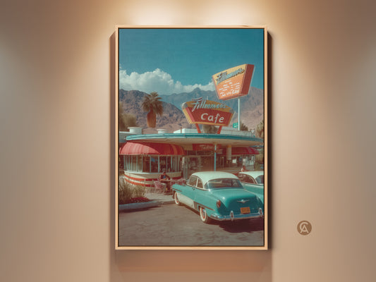 Vintage diner art on canvas. This artwork features a turquoise classic car parked outside. The cafe sign is bright and inviting. Mountains rise in the background. Perfect retro wall decor.