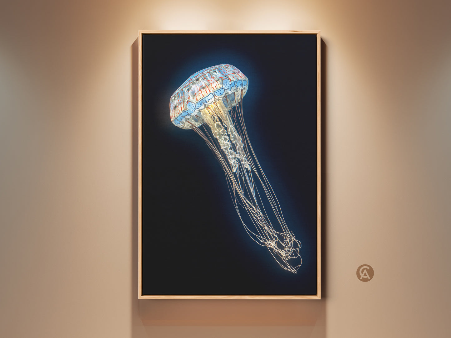 Gallery view of a Contemporary Jellyfish Canvas Print. This abstract ocean life wall art features aqua and white tentacles. The marine biology decor adds a touch of modern elegance to any room.