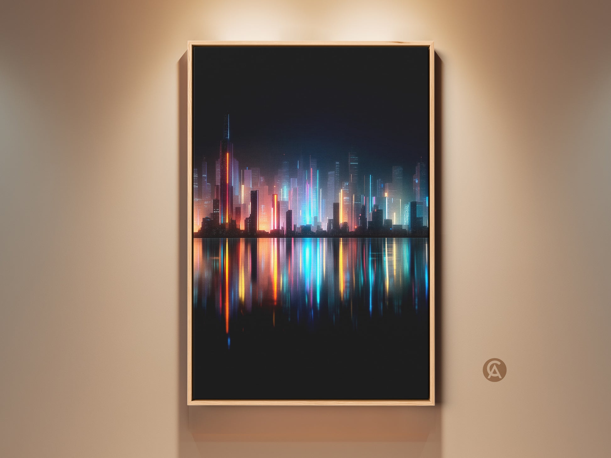 Framed skyline art glows with vibrant colors. The city lights reflect on the water below. The art is displayed on a neutral wall. The warm lighting highlights the artwork's beauty.