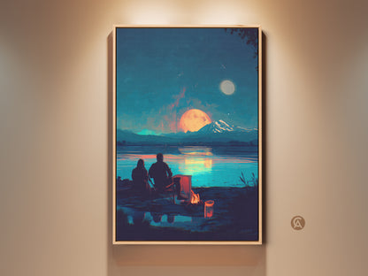 Framed retro futurism art print on a beige wall. A couple sits by a campfire under a celestial moon. This lake scene canvas adds eclectic bedroom wall decor. It's a romantic anniversary gift.