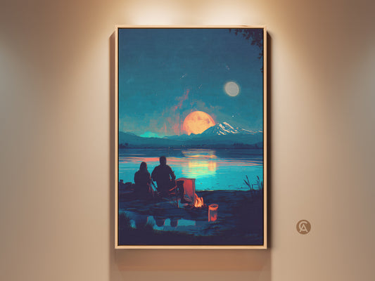 Framed retro futurism art print on a beige wall. A couple sits by a campfire under a celestial moon. This lake scene canvas adds eclectic bedroom wall decor. It's a romantic anniversary gift.