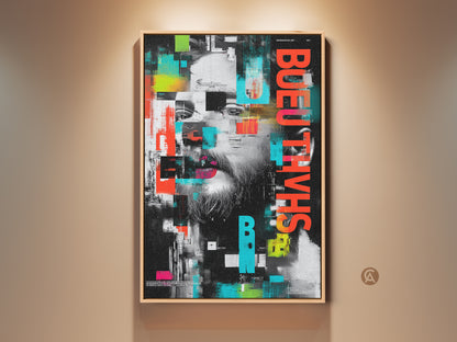 A framed urban glitch art canvas print is displayed. The contemporary man portrait features a striking red black and teal abstract design. It adds a modern touch to any home or office wall decor. This unique artwork is perfect for art enthusiasts seeking bold and textured abstract painting.