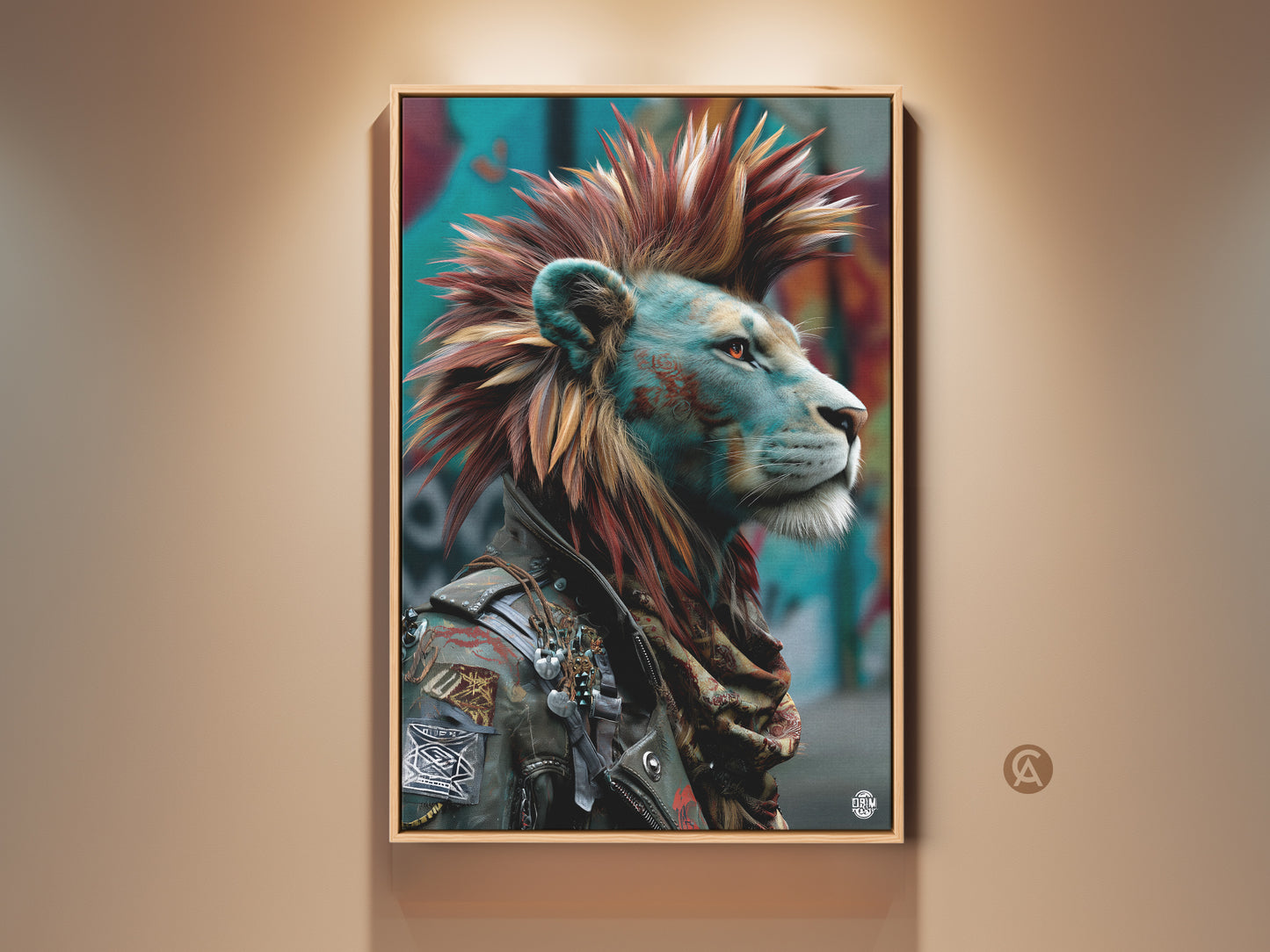Urban Street Art meets animal portraiture. A punk rock lion canvas art in red and teal tones. This Mohawk King print features graffiti style art against an eclectic backdrop. Ideal man cave decor or a unique gift for the alternative art lover. Perfect for edgy home interior.