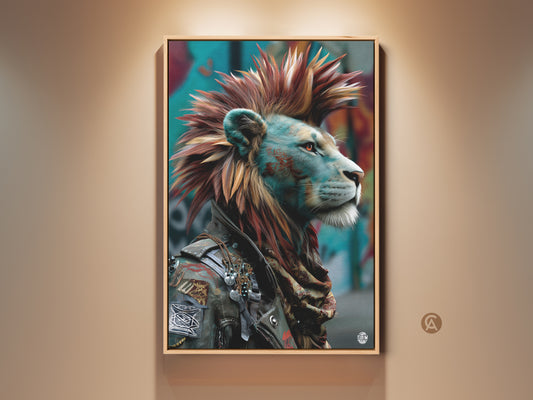 Urban Street Art meets animal portraiture. A punk rock lion canvas art in red and teal tones. This Mohawk King print features graffiti style art against an eclectic backdrop. Ideal man cave decor or a unique gift for the alternative art lover. Perfect for edgy home interior.