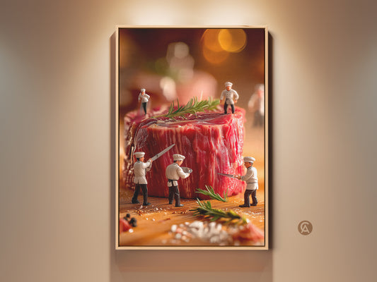 Framed art print featuring miniature chefs meticulously carving a raw steak. This whimsical food art captures culinary precision and creativity. Perfect for kitchen decor this artwork adds a gourmet touch.