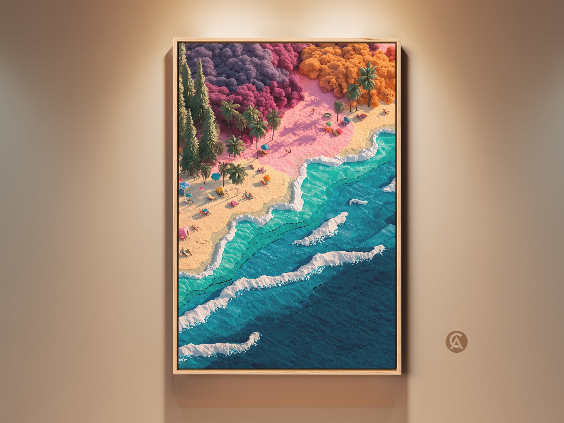 Framed beach artwork. This vibrant artwork features a colorful beach scene with turquoise water. Palm trees line the pink sand. People enjoy the sun under colorful umbrellas. A serene coastal art piece.