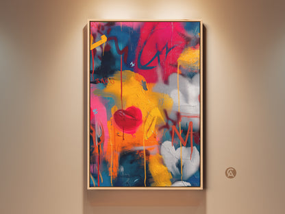 Framed Graffiti Heart Canvas art on a beige wall. The artwork features vibrant hues and a street art style. Perfect for adding a pop of color to modern interiors. The canvas is ready to hang bringing urban energy to your space.
