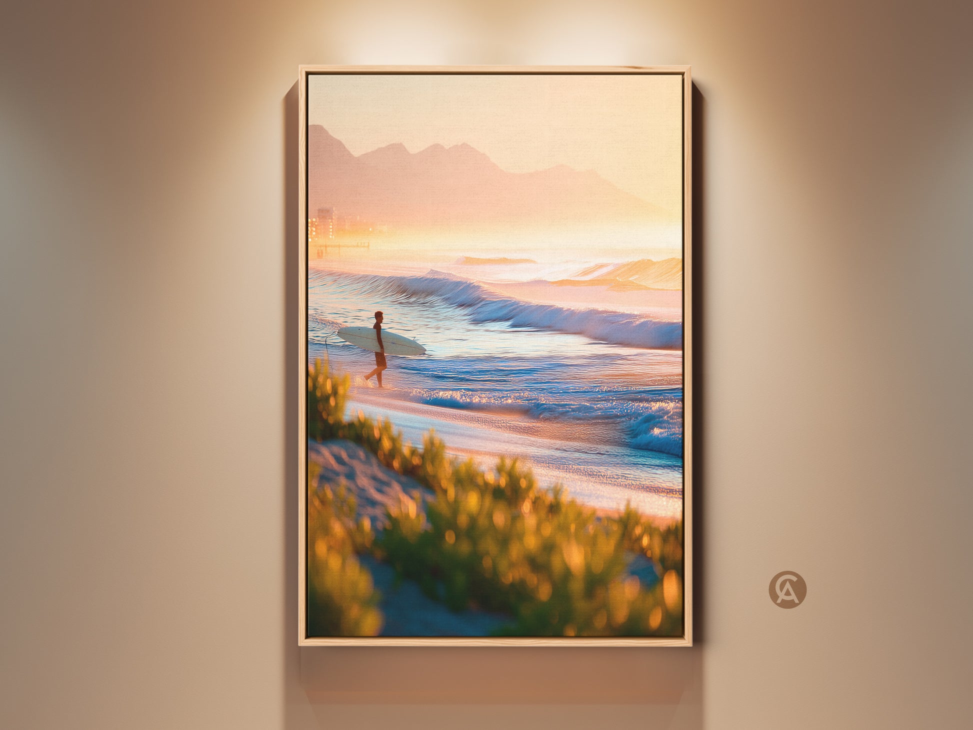 Framed beach art. A surfer walks along the shore. The sun rises over the ocean waves. Coastal artwork brings a serene aesthetic. Perfect for beach lovers. Find framed canvas art online.