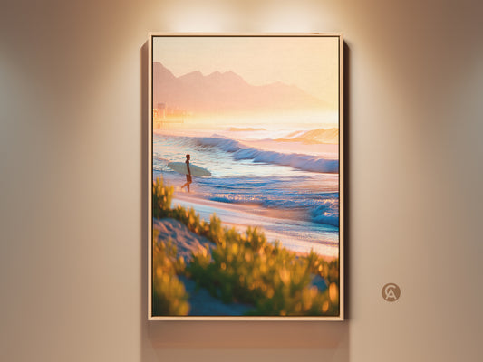 Framed beach art. A surfer walks along the shore. The sun rises over the ocean waves. Coastal artwork brings a serene aesthetic. Perfect for beach lovers. Find framed canvas art online.