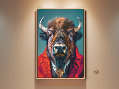 Framed artwork of a buffalo dressed in a red suit. This eye-catching animal art is perfect for adding character to any room. The buffalo art is set against a deep blue background. This wall decor is sure to spark conversation.