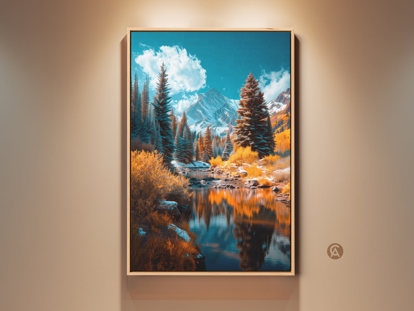 Experience the serene beauty of mountain artwork. This framed art captures a tranquil river reflecting snow-capped peaks and lush evergreen forests. Perfect wall decor to bring nature indoors.