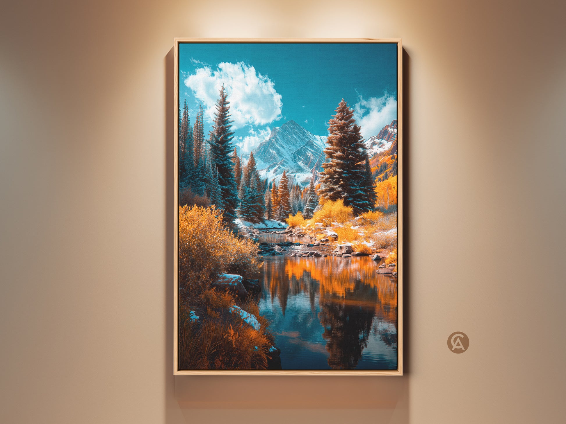 Experience the serene beauty of mountain artwork. This framed art captures a tranquil river reflecting snow-capped peaks and lush evergreen forests. Perfect wall decor to bring nature indoors.