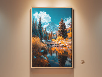 Experience the serene beauty of mountain artwork. This framed art captures a tranquil river reflecting snow-capped peaks and lush evergreen forests. Perfect wall decor to bring nature indoors.