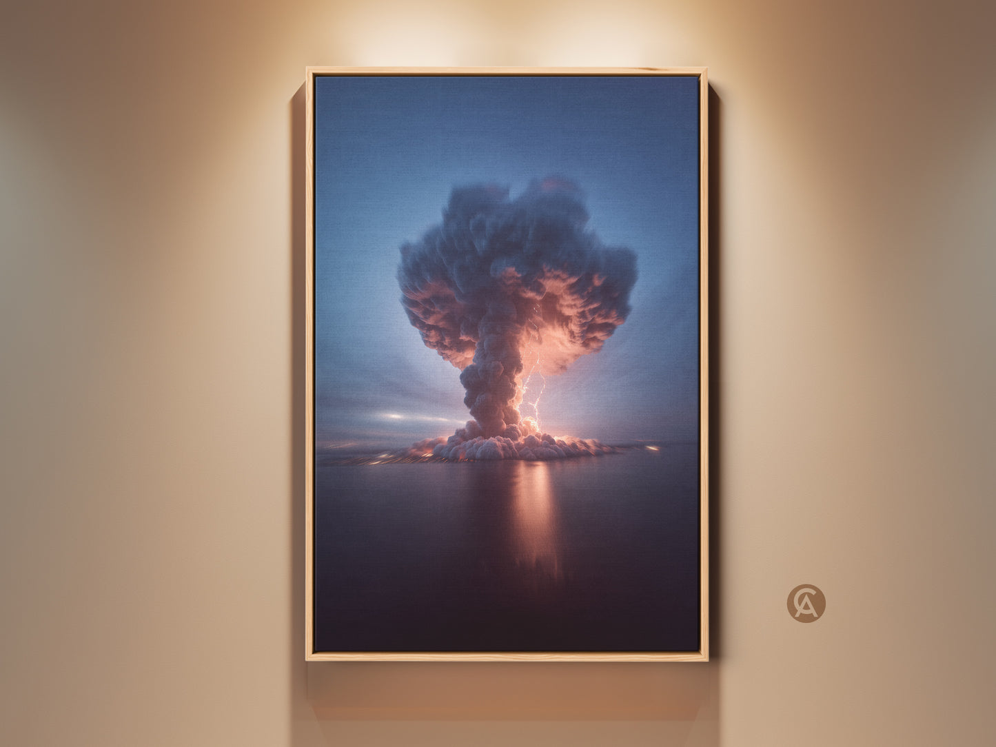 Office Wall Art Canvas Print of a Volcano Explosion and Thunderstorm. This surreal artwork features deep blue crimson and orange hues. A striking gift for adventurers. Weather and nature combine in this contemporary piece adding drama to any office decor.