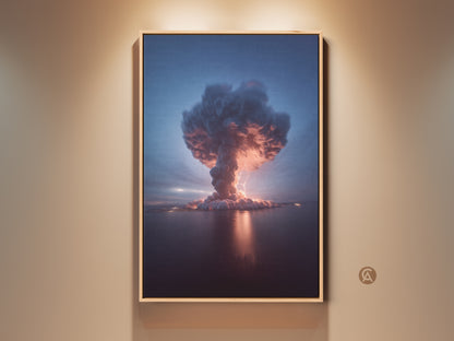 Office Wall Art Canvas Print of a Volcano Explosion and Thunderstorm. This surreal artwork features deep blue crimson and orange hues. A striking gift for adventurers. Weather and nature combine in this contemporary piece adding drama to any office decor.