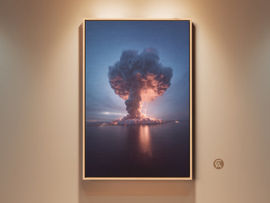 Office Wall Art Canvas Print of a Volcano Explosion and Thunderstorm. This surreal artwork features deep blue crimson and orange hues. A striking gift for adventurers. Weather and nature combine in this contemporary piece adding drama to any office decor.