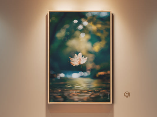Autumn leaf art floating above water. Sunlight filters through the trees. It creates a dreamy bokeh effect. This serene artwork brings nature indoors. Perfect for adding tranquility to your home decor.